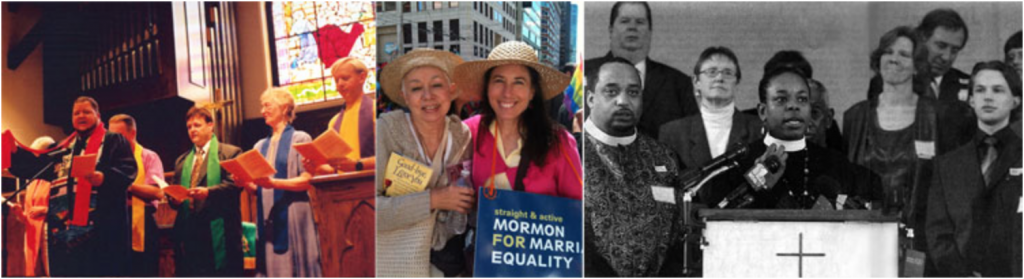 Instantáneas del trabajo en equipo, de izquierda a derecha: 1. Los mormones LGBT y sus aliados oran en un servicio interreligioso del orgullo en Salt Lake City en 2004. 2. Los aliados marchan con los mormones LGBT en San Francisco en 2012. 3. Los líderes de afirmación se unen a la súplica de un diácono católico para el matrimonio igualitario en Annapolis en 2006.