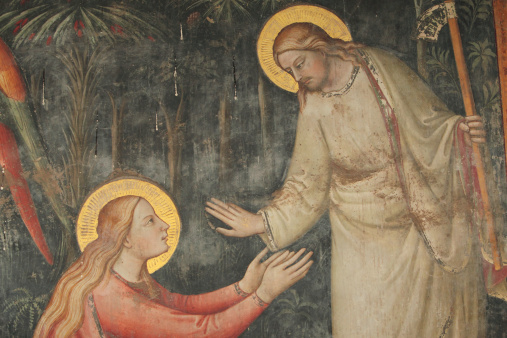 Mural depicting the yet risen Jesus Christ speaking to Mary Magdalene.