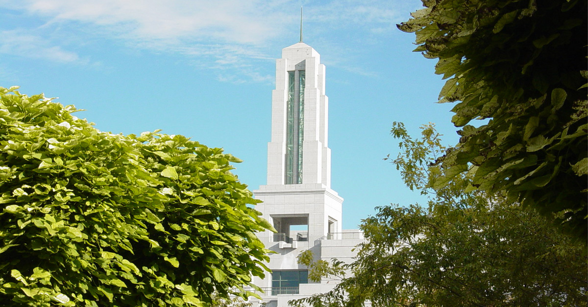 The spire of the Conference Center of the Church of Jesus Christ of Latter-day Saints.