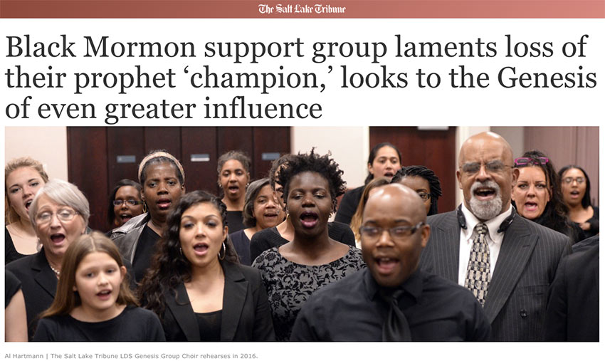 Captura de tela do site do Salt Lake Tribune com o título, "Grupo de apoio negro mórmon lamenta a perda de seu profeta 'campeão', parece que o Gênesis tem uma influência ainda maior."